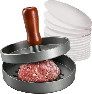 Burger Press Patty Maker Stainless Steel Hamburger Patty Press Mold Wood Handle Non-Stick with 100 Patty Papers Kitchen Utensils