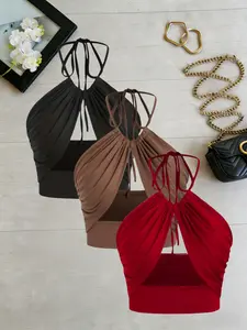 Sexy Strapless Ruched Back Halter Top, Slim-Fitting Short Sleeve Tee, Plain Design, Three-Piece Set, Perfect for Bold Looks