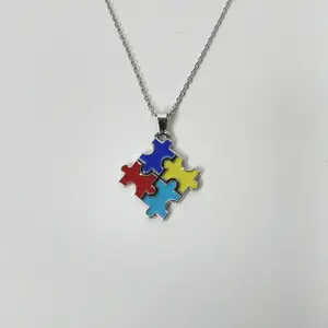 #566 Multi-Colored Autism Puzzle Piece Symbol 18 inch with 2 inch Extender Necklace, Casual, Autism Acceptance Jewelry