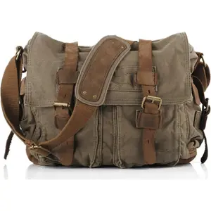 Vintage Military Leather Canvas Laptop Bag Messenger Bags Medium