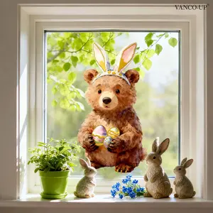 A set (20*30cm) of Easter gold-stamped window stickers featuring a bear wearing rabbit ear headband holding an Easter egg, for decorating holiday living rooms, rooms, windows, display windows, bathroom glass doors, self-adhesive, CA20006