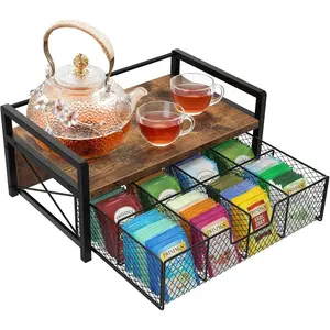 Bag Organizer, Wooden  Organizers and Storage Box with Drawer, Teabag Holder and Display  for Countertop,  Station Chest Organizer (Rustic Brown)