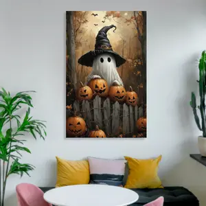 1 Piece Canvas Wall Art with Frame Ghost Wearing Wizard Hat Canvas Wall Art with Frame Horror Pumpkin Field Print Country Ghost Decoration Large Seasonal Wall Art, Autumn Porch Decoration Halloween Poster Suitable for Bedroom Home Decoration Hanging Gift