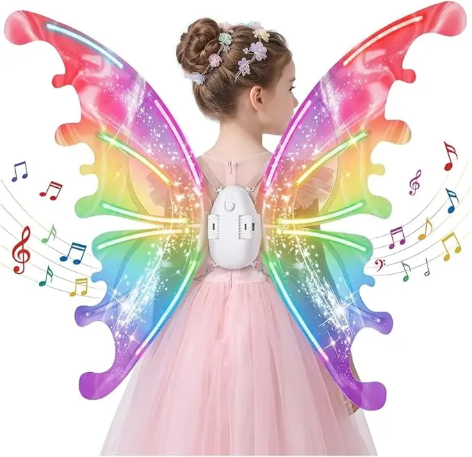 Auto Fluttering LED Light Up Fairy Butterfly Wings, Iridescent Rainbow Glowing Electric Butterfly Wing Costume Accessory for Girls, Halloween Cosplay Birthday Party Festival Dress Up Toy, Lightweight Luminous Fairy Wings Photo Prop Gift