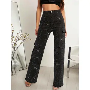 Denimoi Winter Fall Women Clothes, Women's Mid Waist Black Rhinestone Decorated Multi-Pockets Straight Leg Casual Cargo Jeans. For Everyday Wear, Going Out, Concerts, Festivals,Party,Clubwear, Christmas Clothes Women Fabric Fit