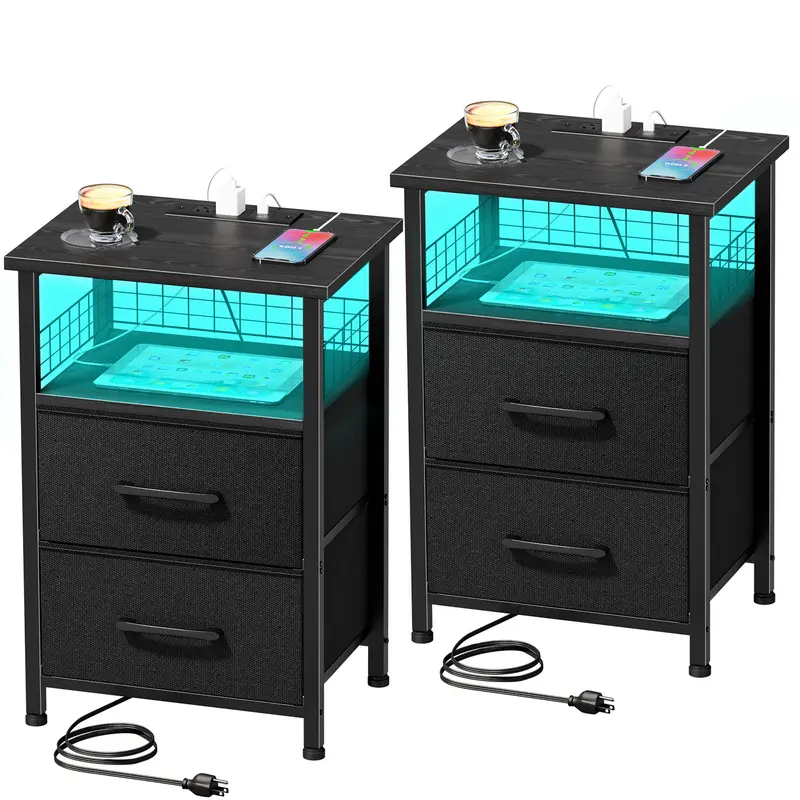 LED Nightstand Sets of 2 With Charging Station,Night Stand With 2 Drawers, Bedside Tables, Space-Saving End Table With USB Ports For Apartment, Living Room, Bedroom furniture, back to school