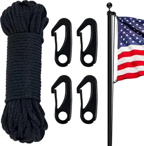 Flag Pole Rope Kit - 50 Feet x 1/4" Diameter Flag Pole Halyard Nylon Rope with 4 Pieces Flag Pole Hook Clips - Outdoor Flagpole Accessories, Rope for Clothesline, Swing, Camping (50FT, Black)