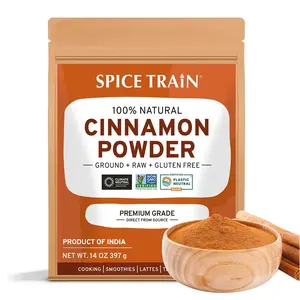 SPICE TRAIN Cinnamon Powder (397g/14oz) Non GMO, Gluten Free, 100% Raw, Sourced from South India, For Cooking, Smoothies, Lattes, Tea, Packed in Resealable Ziplock Pouch