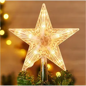 Lighted 9.5” Clear Five-Pointed Christmas Tree Topper Star with 10 Replaceable Bulbs Plug in Warm White for Indoor Office Xmas New Year Holiday Tree Decoration