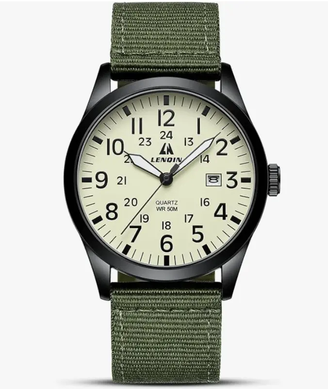 Lendin Nylon Strap Luminous 3ATM Waterproof Army Tactical Casual Wristwatch Unisex Watch for Men with Date Display