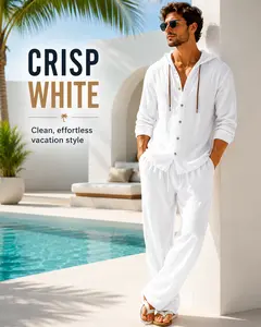 Men’s 2-Piece Resort Set – Lightweight Hooded Shirt & Pants Summer Vacation Outfit # solid polo