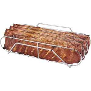 Extra Long Stainless Steel Rib Rack for Smoking and Grilling, Holds up to 3 Full Racks of Ribs, Fits 18” or Larger Gas Smoker or Charcoal Grill, Perfect Smoker Accessories Gifts for Men