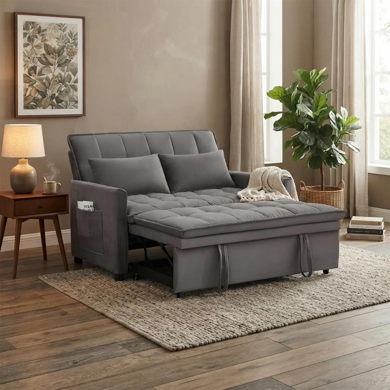 Convertible Sleeper Sofa Bed, 50" Velvet Loveseat Couch with Pull-Out Bed & 5-Position Adjustable Backrest, 3-in-1 Futon Bed with Side Pocket for Living Room Apartment Small Spaces, Grey