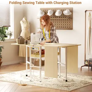 Height Adjustable Folding Sewing Cutting Table with Charging Station 50 Inch Storage Craft Table for Sewing Room & Craft Room