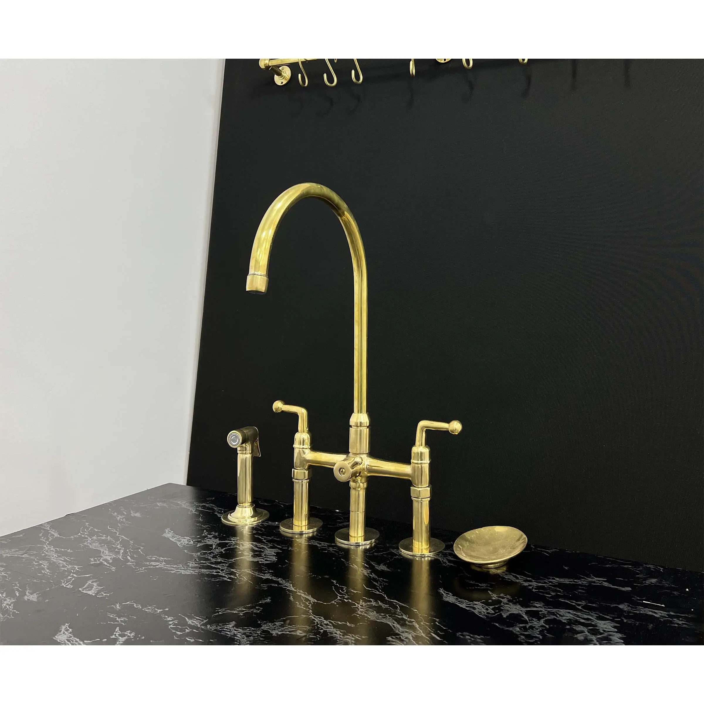 Handmade Unlacquered Brass 3-Leg Bridge Faucet with Side Sprayer & Diverter