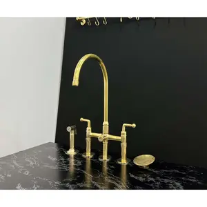 Handmade Unlacquered Brass 3-Leg Bridge Faucet with Side Sprayer & Diverter
