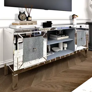 [SOIYELIFE] 60" Mirrored TV Stand with Crushed Diamond Glass Doors - Modern Media Entertainment Center for Living Room, Adjustable Storage TV Console Table for 65-Inch TV,Unique furniture media  console