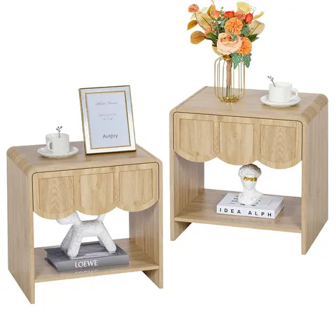 Giratree Small Night Stand, Mid Century Modern Farmhouse Wood Nightstand with Wave Panel Drawer, Bed Side End Table for Small Space, Living Room