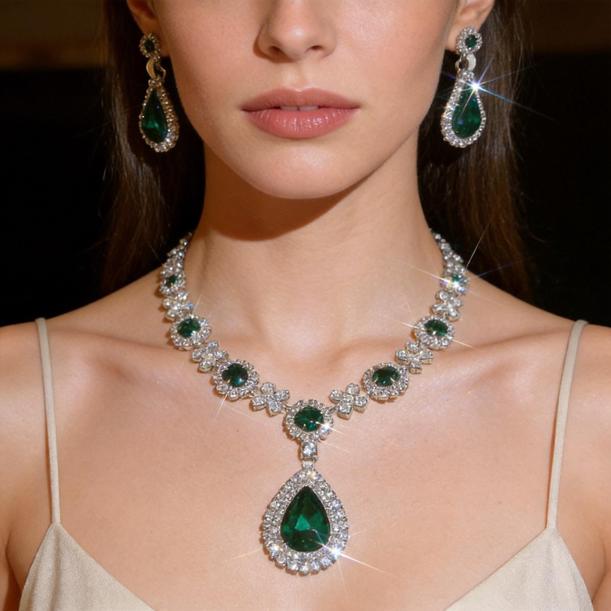 Dainty Hypoallergenic Emerald Jewelry Set, CZ Embellished, Perfect for Wedding/Gala, a Thoughtful Gift Hypoallergenic Elegant Emerald Jewelry Set, 2-in-1 Wear, a Loving Gift for the Classy Woman