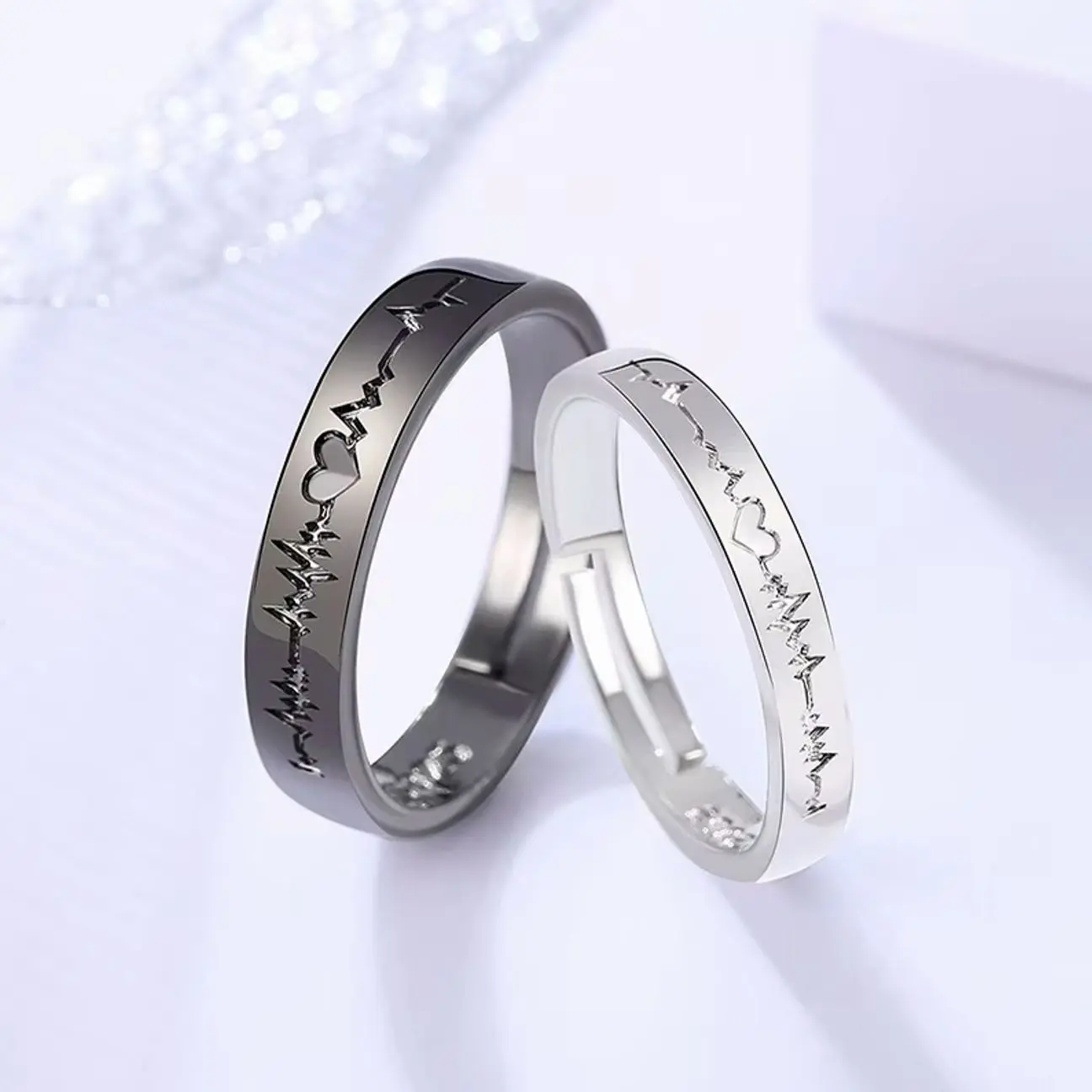 Adjustable ECG Wing Couple Rings Set, Minimalist Heartbeat Zircon Jewelry for Anniversary Wedding Engagement Gift