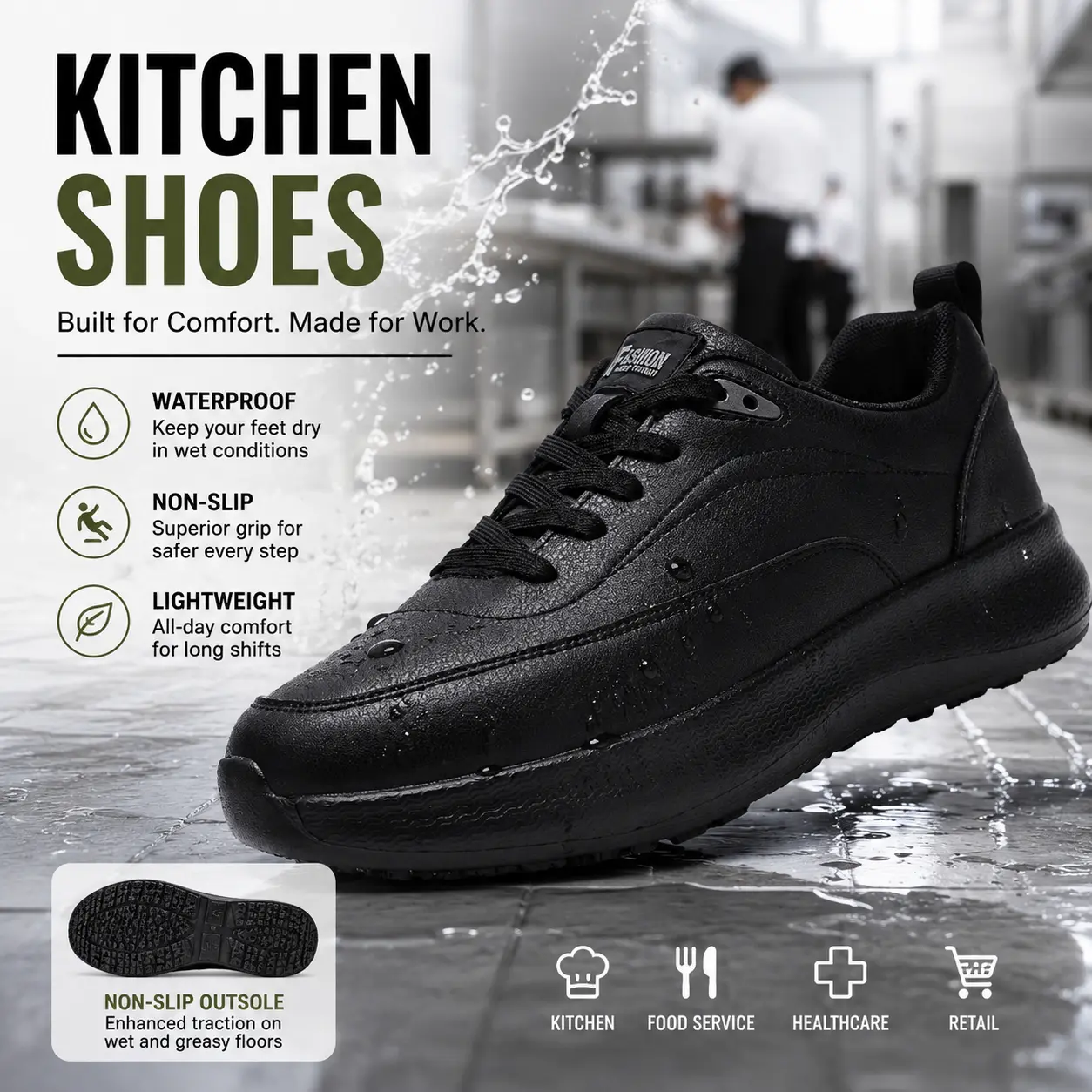 Chef's work shoes, black outdoor, non slip, waterproof, stain proof, oil proof, odor proof, lace up, adjustable elasticity, comfortable and lightweight, suitable for catering workers and outdoor leisure, minimalist