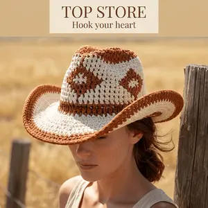 1 Set, Boho Crochet Cowboy Hat Kit, Adult Handmade DIY Crochet (not A Finished Product, Needs to Be Hand-knitted) - Crochet Amigurumi Kit - Beginner's Crochet Set - Includes All The Materials for Crochet And A Step-by-step PDF Text Tutorial.