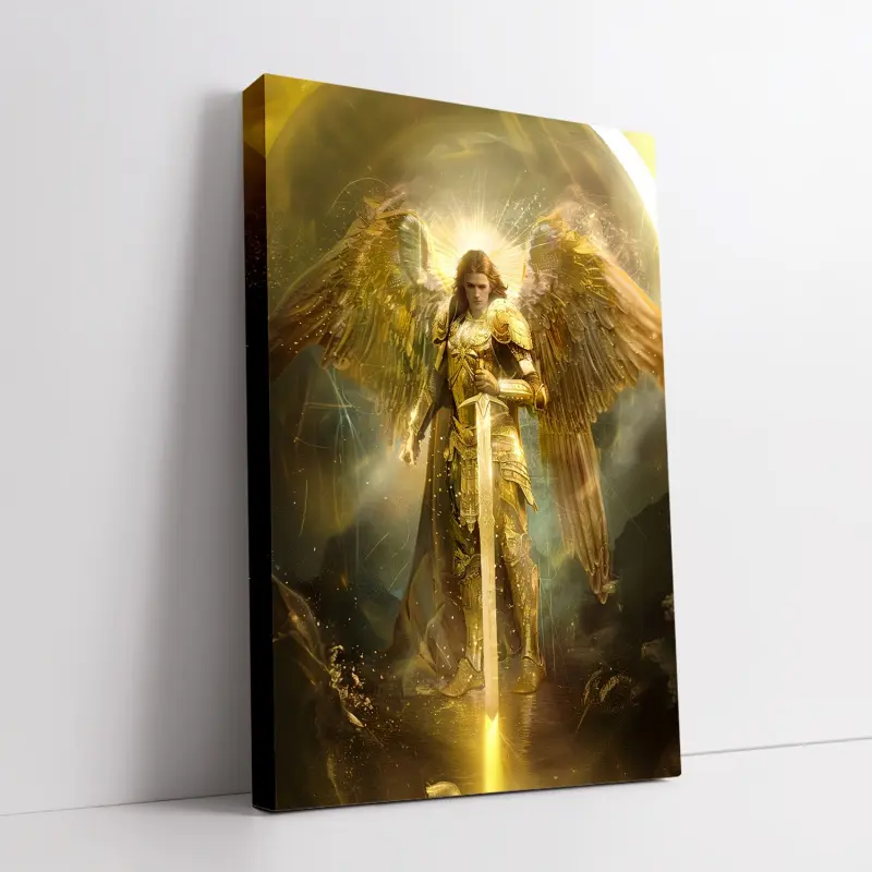 Archangel St. Michael Canvas Wall Art| 11.8x 15.7inch Wooden Frame Decoration|Golden armor and celestial background|Unique Religious Home Decor|Perfect gift for bedroom or living room, religious wall art