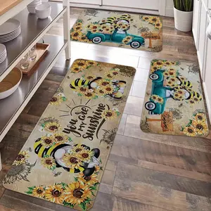2/3pcs Autumn Thanksgiving Kitchen Floor Mat Carpet, Retro Sunflower Flannel Soft Floor Mat, Kitchen Fall proof and Non slip Floor Mat, Thanksgiving Party Kitchen, Dining Room, Living Room, Entrance Door, Laundry Floor Decoration Carpet, Floral Area Rug