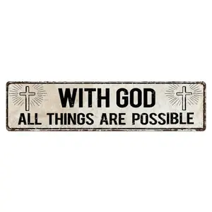 4×16in With God All Things Are Possible Cross Metal Sign,0.6mm Thin Flat Printed Vintage Religious Wall Plaque,Farmhouse Christian Home & Church Decor