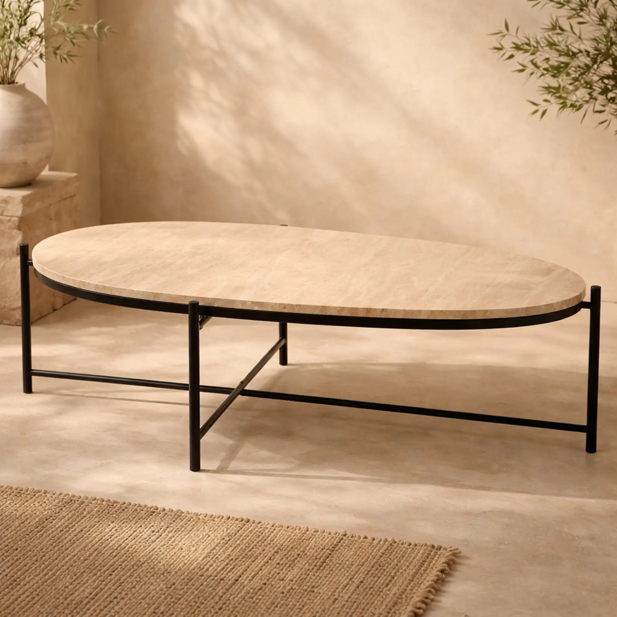1-Piece Classic Beige Travertine Oval Coffee Table with Natural Veins Top, 44.5l x 25w x 13.3h in, Sturdy Black Metal Base, 100 lbs Capacity, Pre-Assembled Indoor Furniture for Traditional Home Decor