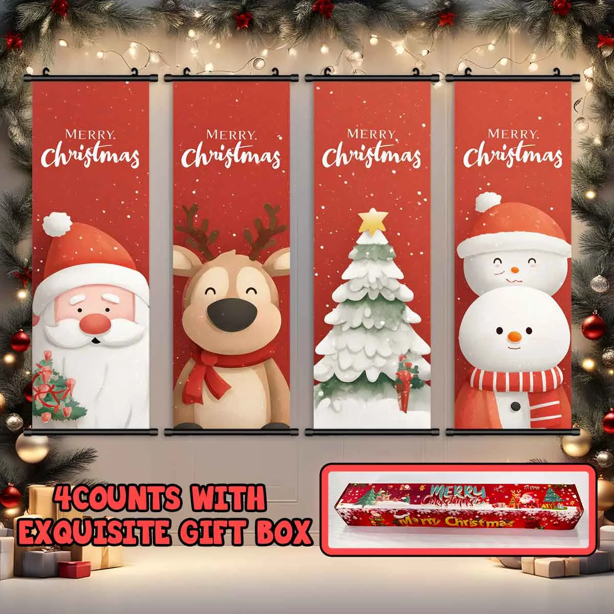 4-Piece Christmas Wall Art Set, Cute Holiday-Themed Posters, Perfect Gift for Kids, High-Quality Waterproof Prints, Ideal for Home Decor
