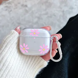 Pink Petal Pattern Pattern Protective Case for AirPods 4/3/2/1/Pro/Pro2 Soft TPU Earphone Cover, Transparent with Keychain