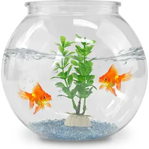 DARENYI Plastic Goldfish Fish Bowl Drum Round Crystal Clear Aquarium Fish Tank Starter Kits with 1 Artificial Aquatic Plant and 1 Bag Mini Ornamental