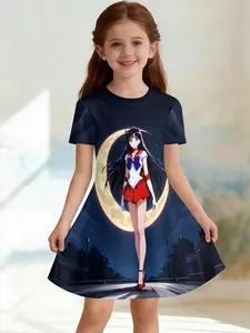 Girls' 3D Short Sleeve Dress, Sailor Moon Mars Full Moon Print, Perfect for Parties, Festive Gifts, Birthday Presents