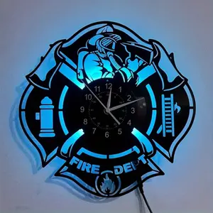 LED Firefighter Vinyl Wall Clock 7 Color Changing Lights Vintage Wall Art Ideal Gift for First Responders (Battery Not Included)