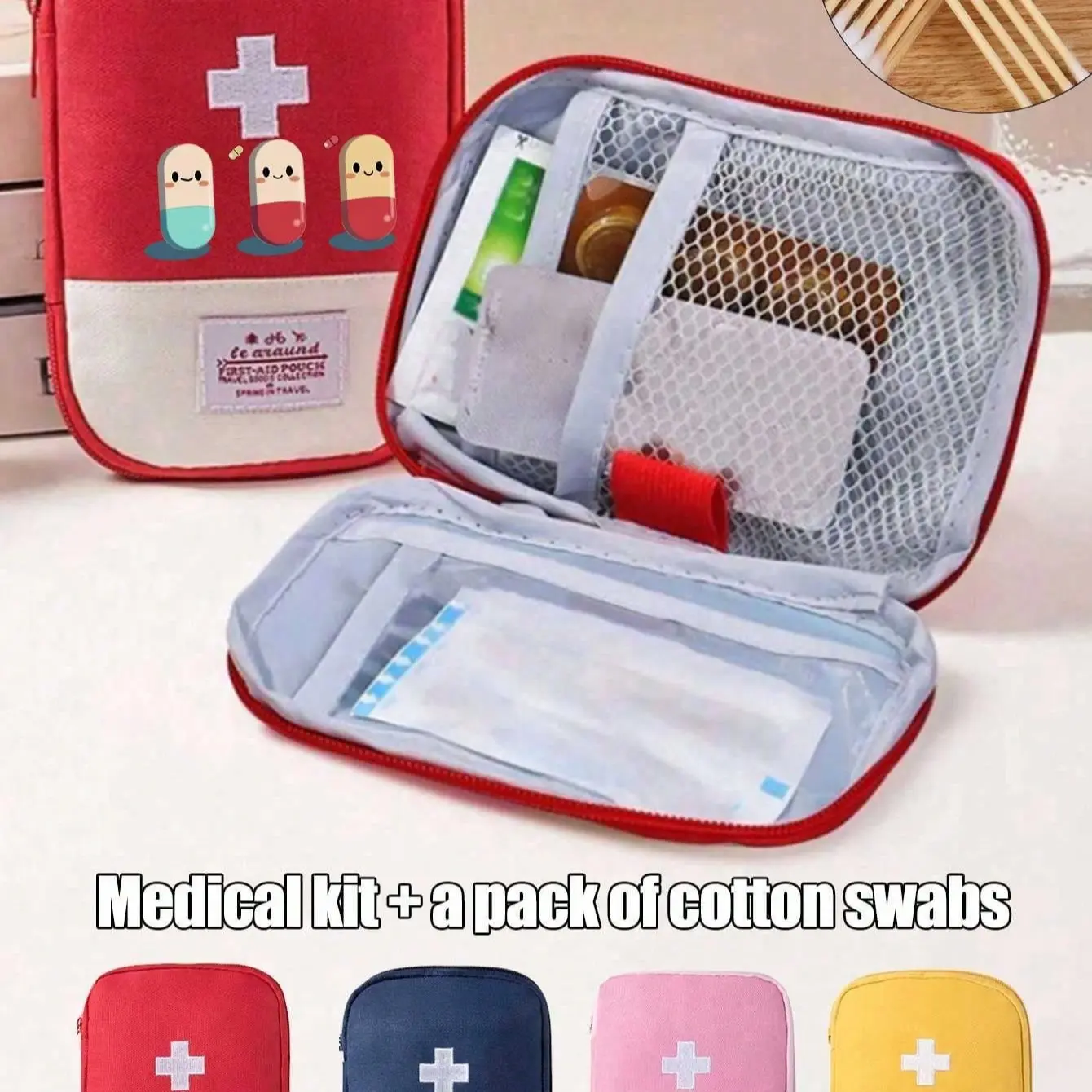 Portable Medicine Bag with Cute Pill Pattern, Mini First Aid Kit, Cross Logo, Outdoor Home Emergency Kit, Camping Hiking Essential