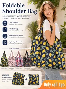 Foldable Large Capacity Nylon Tote Bag for Women, Lightweight Waterproof Shopping Bag with beautiful patterns, Portable Space-Saving Reusable Market Bag, Heavy-Duty Shoulder Purse,Easy to carry, for Travel, Beach and Daily Errands