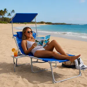 # WEJOY 4-in-1 Tanning Chair: Face Hole, Side Table, Canopy & Cup Holder. 5-Position Face Down Folding Chaise Lounge. Portable Heavy Duty Tanning Bed for Beach, Pool, Patio (Darkblue)