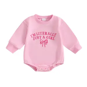 Newborn Baby Girl Outfit I'm Literally Just A Girl Bow Embroidery Sweatshirt Bubble Romper Cute Long Sleeve Bodysuit