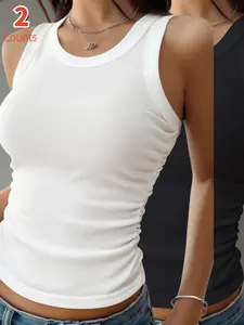 2-Pack Women's Solid Color Sports Tank Tops, Breathable Comfortable Sleeveless Crew Neck Workout Ribbed Active Tops for Indoor & Outdoor, Yoga Sports Vest, Sleeveless Gym Tops