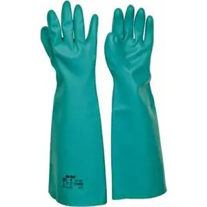 Ansell Size L (9), 18" Long, 22 mil Thick, Nitrile Chemical Resistant Gloves Textured Finish, Straight Cuff, ANSI Abrasion Level 5, ANSI Cut Level 0, Green, FDA Approved 37-185-9