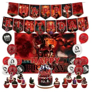 Season 5 themed birthday decoration set includes a "Happy Birthday" banner, cake decorating toppers, cupcake decorating toppers, and balloons, perfect for kids' party decorations.