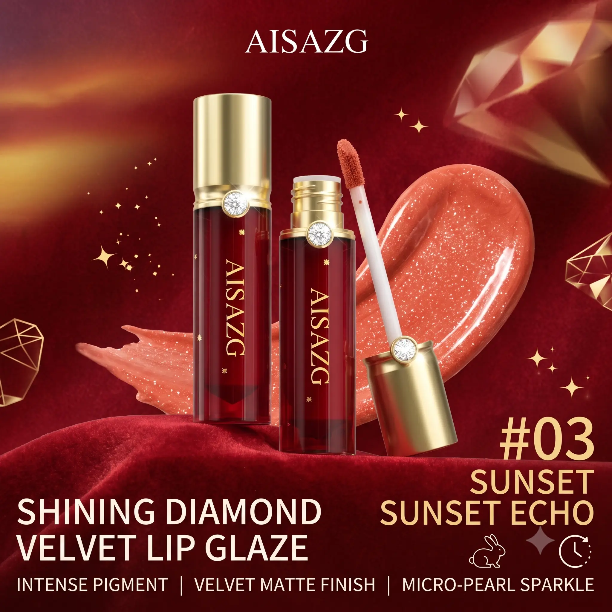 Velvet Matte Lip Glaze with Diamond Shimmer - #03 Sunset Echo