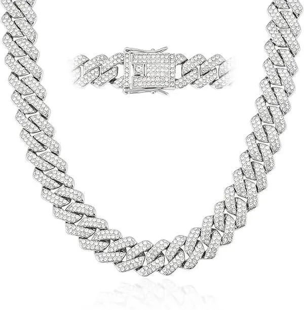 Unisex Miami Cuban Link Chain Necklace, 12mm Diamond Prong Design, 18/20/24in Length, Hip Hop Jewelry for Women, Layered Gold Chains,back to school,back to school haul