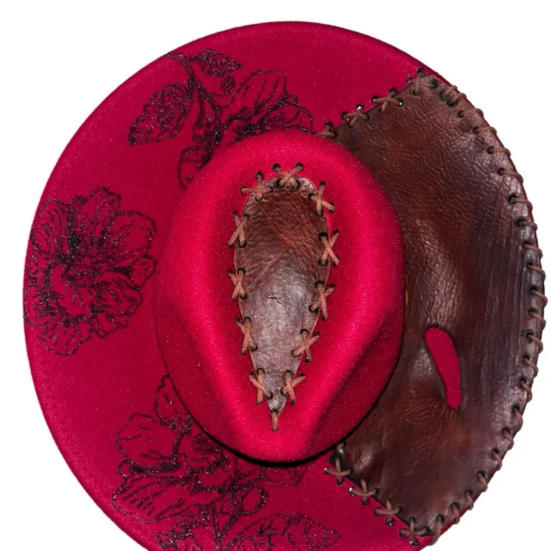 Hand Burned Hat with Leather Accent Red Color and Floral  display picture 2