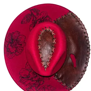 Hand Burned Hat with Leather Accent Red Color and Floral Design