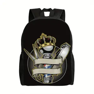 BIHUDU Barber School Backpack - Heavy Duty Barber Tools Design with Scissors, Comb & Razor Print, Professional Barber Bag for Beauty Students & Apprentices, Durable Black Backpack with Golden-Tone Barber Pole Graphic, Hand Washable Polyester, Ideal Barber