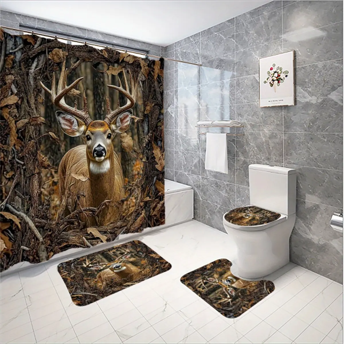 2D)4pcs Forest Deer Bath Curtain Set, Nature Inspired Brown and Golden Print Bathroom Decoration, Bathroom Accessories Include Bath Mat, U-shaped Mat, Toilet Seat Cover, Bath Curtain with 12 Hooks, Great for Wildlife and Nature Lovers.