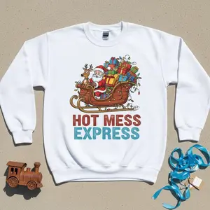 Hot Mess Express Christmas Sweatshirt for Men & Women, Funny Santa Sleigh Chaos Pullover, Overloaded Gift Delivery Holiday Crewneck, Chaotic Xmas Party Jumper | Sweatshirt | Cotton | Novelty | Unisex | Graphic | Gift for Him/Her