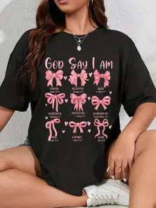 100% Cotton Cute God Say I Am Coquette Bow Christian Girls Jesus Church T-Shirt Casual Short Sleeve Shirt Fabric Summer